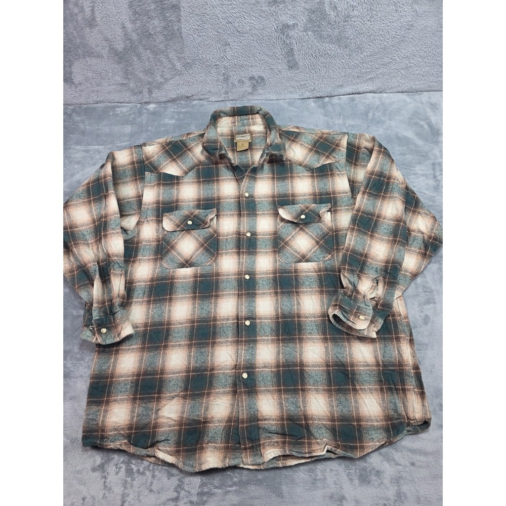 Schmidt Workwear Pearl Snap Button Down‎ Plaid Flannel Mens Size 3X Tan & Green